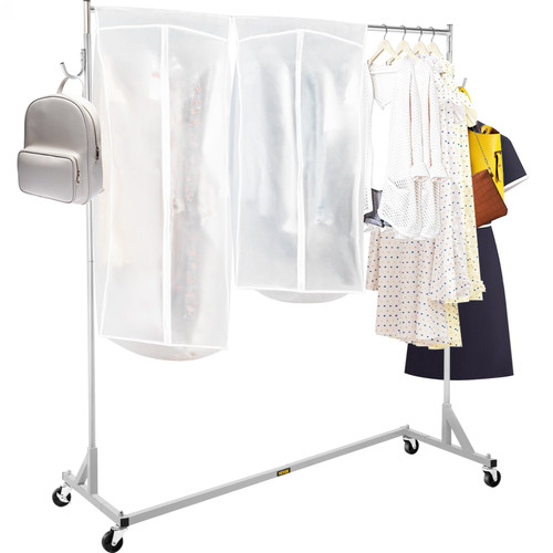 Z Rack, Industrial Grade Z Base Garment Rack, Height Adjustable Rolling Z Garment Rack, Sturdy Steel Z Base Clothing Rack w/ Lockable Casters for Home Clothing Store Display w/ Cover Silver