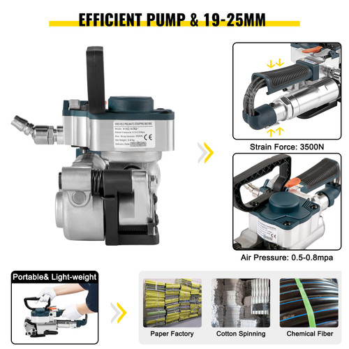 B25 Pneumatic Strapping Tool, Hand Held Strapping Machine for 0.75-0.98 inch PP/PET Belt, Pneumatic Strapping Machine with 3500N Max Tension, for 0.5-1.5mm Plastic Belt