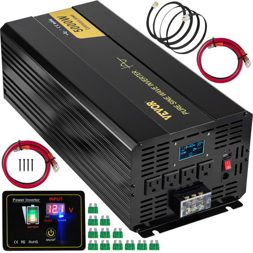 Pure Sine Wave Inverter, 5000 Watt Power Inverter, DC 12V to AC 120V Car Inverter, with LCD Display, USB Port and Remote Controller, Power Converter for Car RV Truck Solar System Travel Camping