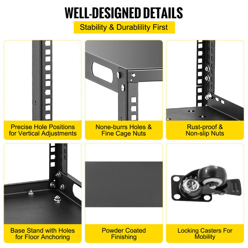 Server Rack, 15U 19'' Open Frame Rack, 4-Post IT Server Network Relay Rack, Server/Audio Network Equipment Rack Cold Rolled Steel, Heavy Duty Rack w/Casters
