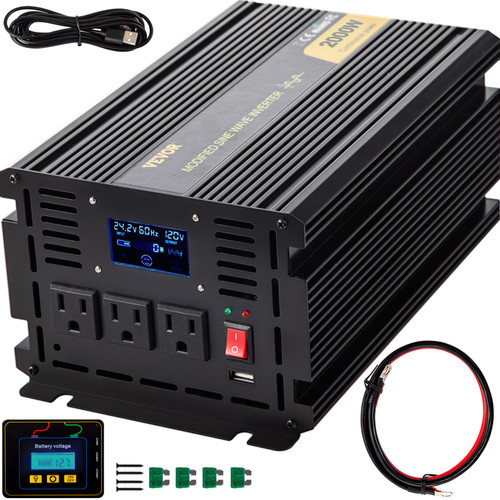 Power Inverter, 2000W Modified Sine Wave Inverter, DC 24V to AC 120V Car Converter, with LCD Display, Remote Controller, LED Indicator, AC Outlets Inverter for Truck RV Car Boat Travel Camping