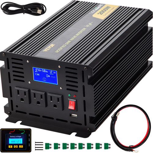 Power Inverter, 2000W Modified Sine Wave Inverter, DC 12V to AC 120V Car Converter, with LCD Display, Remote Controller, LED Indicator, AC Outlets Inverter for Truck RV Car Boat Travel Camping