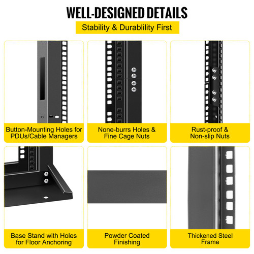 Server Rack, 45U Open Frame Rack, 2-Post IT Server Network Relay Rack, 19 Inch Server/Audio Network Equipment Rack Cold Rolled Steel, Heavy Duty Threaded Rack, Holds Network Servers & AV Gear