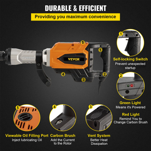 Demolition Jack Hammer, 4500W 1800BPM, 1-1/8' Hex Heavy Duty Concrete Breaker Chisel, Case & Gloves, 110V Industrial Electric Jackhammer for Demolishing, Chipping & Demo, CE Approved, Yellow Demolition Jack Hammer, 4500W 1800BPM, 1-1/8' Hex Heavy Duty Concrete Breaker Chisel, Case & Gloves, 110V Industrial Electric Jackhammer for Demolishing, Chipping & Demo, CE Approved, Yellow