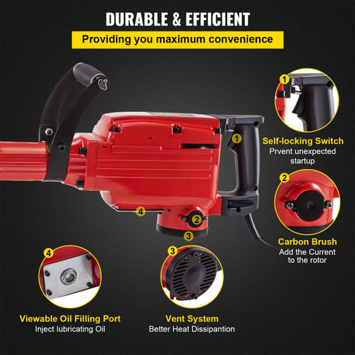 Demolition Jack Hammer Jack Hammer Concrete Breaker 1200 BPM Heavy Duty Electric Jack Hammer 3 Chisel Bit W/Gloves & 360Ã¸ Swiveling Front Handle for Trenching, Chipping, Breaking Holes