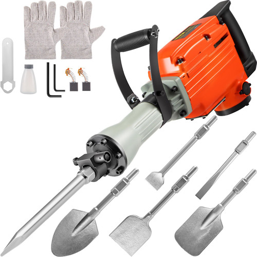 Demolition Jack Hammer 2200W Jack Hammer Concrete Breaker 1400 BPM Heavy Duty Electric Jack Hammer 6pcs Chisels Bit w/Gloves & 360øC Swiveling Front Handle for Trenching and Breaking Holes