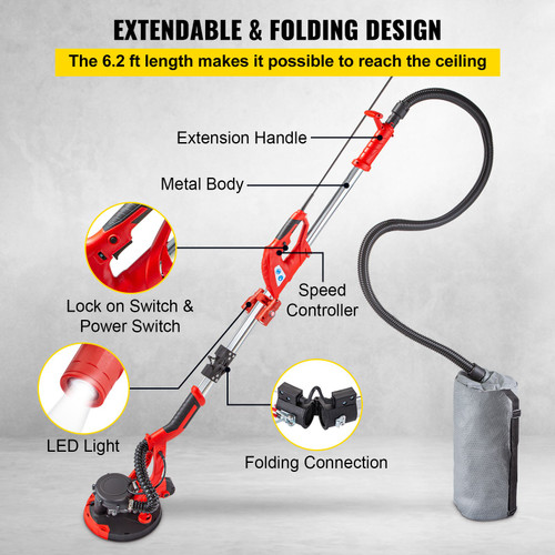 Drywall Sander 850W Electric Drywall Sander Foldable Sheetrock Sander with Telescope Handle, Electric Sander Variable Speed 800-1750RPM, Wall Sander with LED Lights and Vacuum Bag, 6 Sand Pad Drywall Sander 850W Electric Drywall Sander Foldable Sheetrock Sander with Telescope Handle, Electric Sander Variable Speed 800-1750RPM, Wall Sander with LED Lights and Vacuum Bag, 6 Sand Pad
