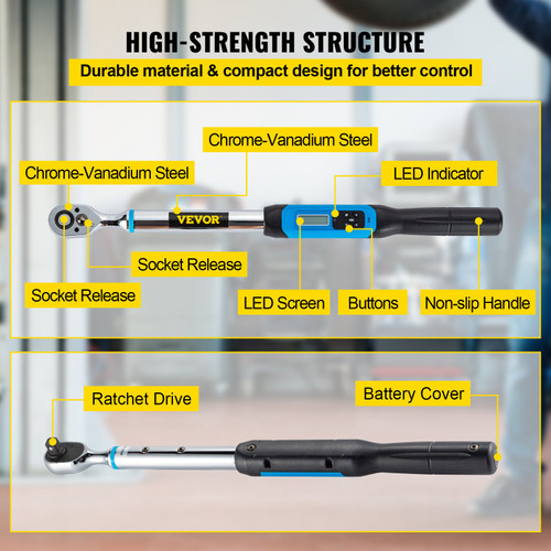 Digital Torque Wrench, 1/2" Drive Electronic Torque Wrench, Torque Wrench Kit 7.47-147.5 ft-lb Torque Range Accurate to ñ2%, Adjustable Torque Wrench w/LED Display and Buzzer, Socket Set & Case