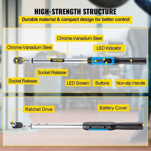 Digital Torque Wrench 1/2" Drive 12.5-250.7 Ft-lb Adjustable Torque Wrench