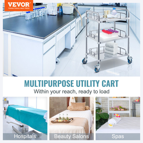 Lab Rolling Cart 3 Shelves Shelf Stainless Steel Rolling Cart Catering Dental Utility Cart Commercial Wheel Dolly Restaurant Dinging Utility Services (23.4" x 15.6" x 33.2")