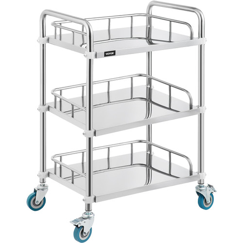 Lab Rolling Cart 3 Shelves Shelf Stainless Steel Rolling Cart Catering Dental Utility Cart Commercial Wheel Dolly Restaurant Dinging Utility Services (23.4" x 15.6" x 33.2")