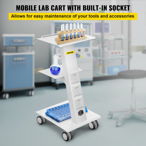 Lab Trolley, Built-in Socket Rolling Lab Cart, 3 Layers Tray Rolling Clinic Cart, 360ø Silent Rolling Wheels w/ Foot Brake, 88 lbs Weight Capacity Sturdy Steel Frame, for Lab Clinic Beauty Salon