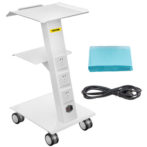 Lab Trolley, Built-in Socket Rolling Lab Cart, 3 Layers Tray Rolling Clinic Cart, 360ø Silent Rolling Wheels w/ Foot Brake, 88 lbs Weight Capacity Sturdy Steel Frame, for Lab Clinic Beauty Salon