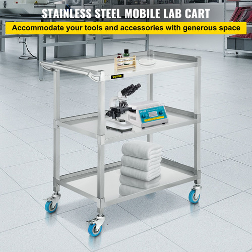 Lab Utility Cart, 500 lbs Weight Capacity Rolling Lab Cart, 3 Shelves Mobile Clinic Cart, Sturdy Stainless Steel Frame Lab Trolley, 360Ã¸ Silent Rolling Wheels w/ Foot Brake, for Lab Clinic Salon