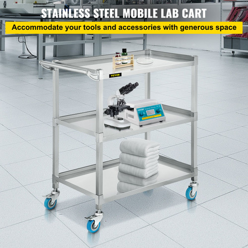 Lab Utility Cart, 500 lbs Weight Capacity Rolling Lab Cart, 3 Shelves Mobile Clinic Cart, Sturdy Stainless Steel Frame Lab Trolley, 360ø Silent Rolling Wheels w/ Foot Brake, for Lab Clinic Salon