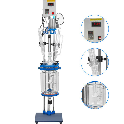 Jacketed Reactor 5L Laboratory Glass Reactor, Jacketed Glass Reactor, Chemical Reaction Vessel, Lab Jacketed Reactor, Reaction Vessel Chemistry, with Digital Display, for Reaction Distillation