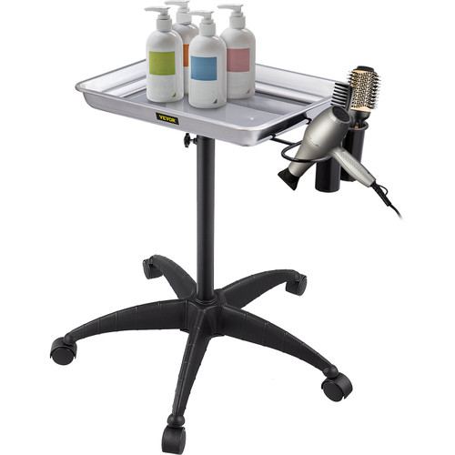 Mayo Stand Medical Tray, Height Adjustable Stainless Steel Salon Tray Easy Assemble Tattoo Cart Lab Tray with 2 Cups & 1 Metal Ring for SPA Clinic Personal Care Lab Hospital Dentistry, Silver