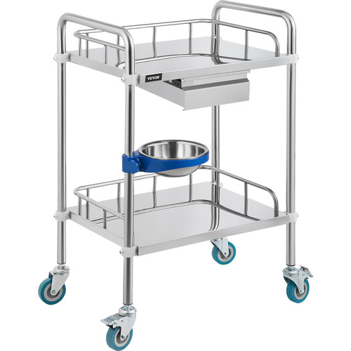 Lab Cart 2 Layers Dental Cart with 1 Drawer Stainless Steel Cart 1 Refuse Basin Lab Utility Cart w/Silent Omnidirectional Wheels Stainless Utility Cart for Laboratory Hotel Restaurant Home Use