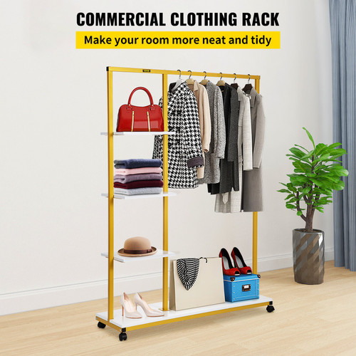 Clothing Garment Rack, 39.4"x14.2"x59.1", Heavy-duty Clothes Rack w/ Bottom Shelf & Extra 3 Side Shelves, 4 Swivel Casters, Rolling Clothes Organizer for Laundry Room Retail Store Boutique, Gold