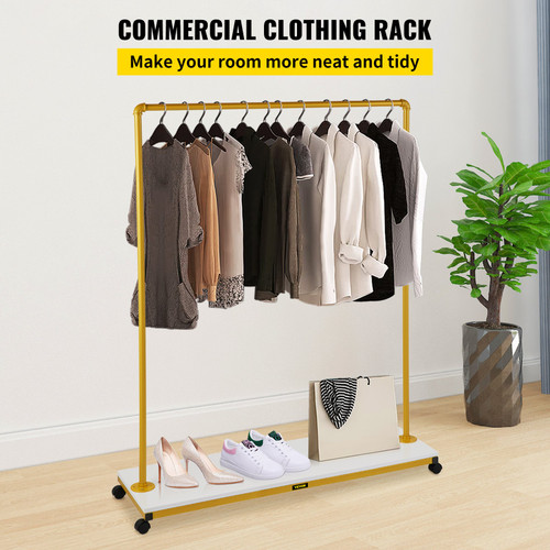 Clothing Garment Rack, 47.2"x14.2"x63.0", Heavy-Duty Clothes Rack w/Bottom Shelf, 4 Swivel Casters, Sturdy Steel Frame, Rolling Clothes Organizer for Laundry Room Retail Store Boutique, Gold Clothing Garment Rack, 47.2"x14.2"x63.0", Heavy-Duty Clothes Rack w/Bottom Shelf, 4 Swivel Casters, Sturdy Steel Frame, Rolling Clothes Organizer for Laundry Room Retail Store Boutique, Gold