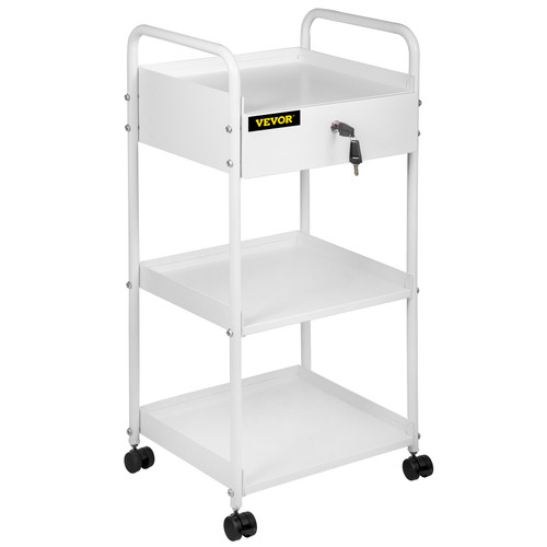Lab Cart, 3 Tiers Lab Trolley, Steel Lab Utility Cart, 360ø Rolling Lab Cart, Locking Drawer Stainless Steel Lab Cart, Iron Frame Laboratory Cart, White Paint Lab Serving Cart for Laboratory