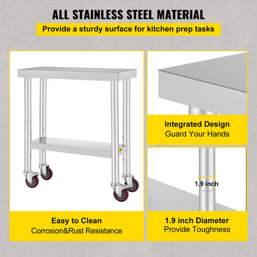 30x12x34 Inch Stainless Steel Work Table 3-Stage Adjustable Shelf with 4 Wheels Heavy Duty Commercial Food Prep Worktable with Brake for Kitchen Prep Work 30x12x34 Inch Stainless Steel Work Table 3-Stage Adjustable Shelf with 4 Wheels Heavy Duty Commercial Food Prep Worktable with Brake for Kitchen Prep Work