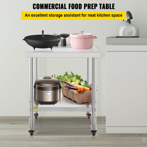 Stainless Steel Prep Table, 24 x 24 x 35 Inch, 440lbs Load Capacity Heavy Duty Metal Worktable with Backsplash Adjustable Undershelf & 4 Casters, Commercial Workstation for Kitchen Restaurant