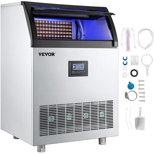 110V Commercial Ice Maker Machine 265LBS/24H, 750W Stainless Steel Ice Machine with 55LBS Storage Capacity, 126 Ice Cubes Ready in 11-15Mins, Includes Water Filter and Connection Hose