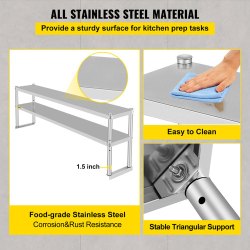 Double Overshelf, Double Tier Stainless Steel Overshelf, 72 in Length x 12 in Width Double Deck Overshelf, Height Adjustable Overshelf for Prep & Work Table in Kitchen, Restaurant and Workshop