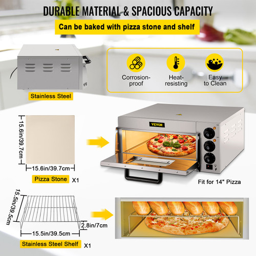 Commercial Pizza Oven Countertop, 14" Single Deck Layer, 110V 1300W Stainless Steel Electric Pizza Oven with Stone and Shelf, Multipurpose Indoor Pizza Maker for Restaurant Home Pretzels Baked