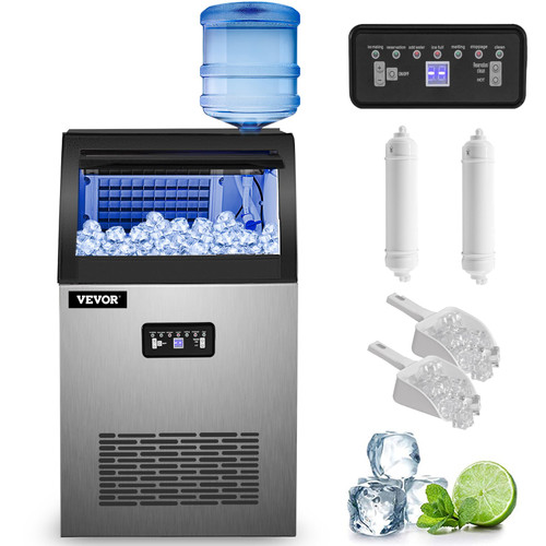 Commercial Ice Maker Machine, 120 LBS/24H Stainless Steel Under Counter Ice Machine with 24 LBS Storage for Home Office Restaurant Bar etc,2 Water Inlet Modes, Water Filter, Scoops, Drain Pipe