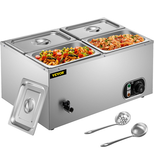 110V Commercial Food Warmer 4x1/4GN, 4-Pan Stainless Steel Bain Marie 14.8 Qt Capacity,1500W Steam Table 15cm/6inch Deep,Temp. Control 86-185, Electric Soup Warmer w/Lids & 2 Ladles
