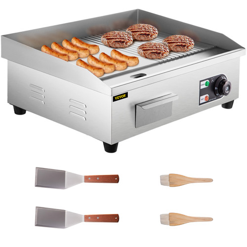 22" Commercial Electric Griddle, 1600W Electric Flat Top Grill, Half Grooved Teppanyaki Grill, Stainless Steel Electric Countertop Griddle w/Drip Hole, 122Ã¸F-572Ã¸F Electric Griddle for Kitchen.