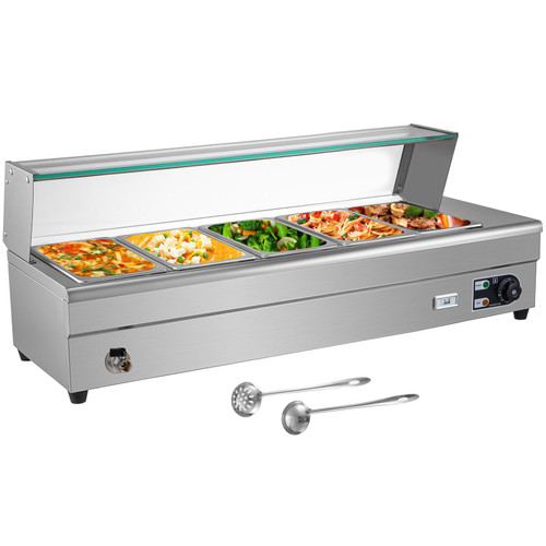 Commercial Food Warmer, 5 x 1/2 Pans, 44 Qt Electric Bain Marie with 6" Deep Pans, Stainless Steel Steam Table with Tempered Glass Shield, 1500W Countertop Buffet Warmer with Lids & Ladles, 110V