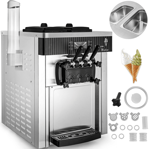 VEVOR 2200W Commercial Soft Ice Cream Machine 3 Flavors 5.3 to 7.4Gallon  per Hour PreCooling at Night Auto Clean LCD Panel for Restaurants Snack  Bar, Sliver