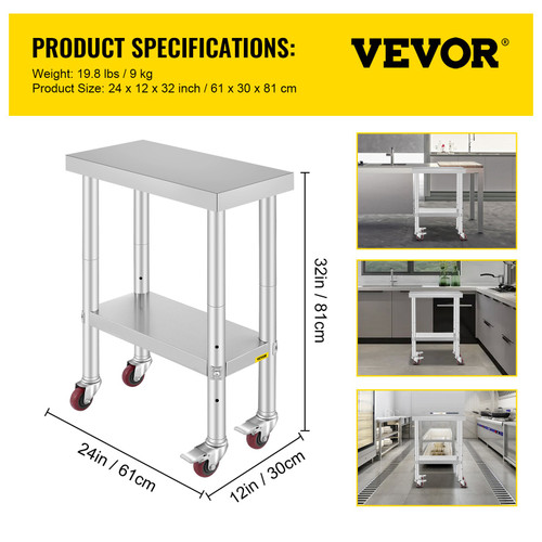 Stainless Steel Work Table with Wheels 24 x 12 x 32 Inch Prep Table with 4 Casters Heavy Duty Work Table for Commercial Kitchen Restaurant Business