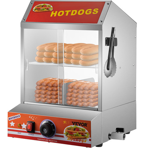 Hot Dog Steamer, 27L/24.52Qt, 2-Tier Hut Steamer for 175 Hot Dogs & 40 Buns, Electric Bun Warmer Cooker with Tempered Glass Slide Doors Partition Plate Food Clip PTFE Tape, Stainless Steel