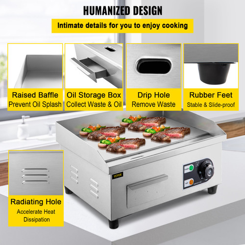 14" Electric Countertop Flat Top Griddle 110V 1500W Non-Stick Commercial Electric Griddles Restaurant Teppanyaki Grill Stainless Steel Adjustable Temperature Control 122øF-572øF, Sliver 14" Electric Countertop Flat Top Griddle 110V 1500W Non-Stick Commercial Electric Griddles Restaurant Teppanyaki Grill Stainless Steel Adjustable Temperature Control 122øF-572øF, Sliver