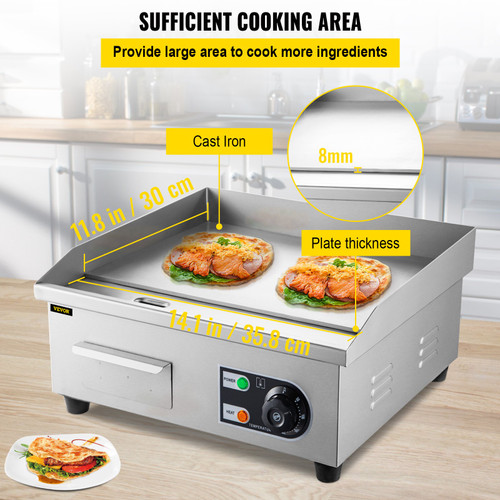 14" Electric Countertop Flat Top Griddle 110V 1500W Non-Stick Commercial Electric Griddles Restaurant Teppanyaki Grill Stainless Steel Adjustable Temperature Control 122Ã¸F-572Ã¸F, Sliver