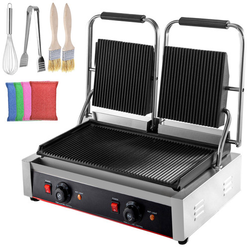 110V Commercial Sandwich Panini Press Grill 2X1800W Temperature Control 122°F-572°F Commercial Panini Grill for Hamburgers Steaks Bacons (Double Grooved Plates?