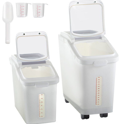 Ingredient Storage Bin, 11.4+5.8 Gallon Capacity Shelf Ingredient Bin, 420 Cup Flour Bins on Wheels Commercial Prosave Shelf-storage Ingredient Bin with Lid and Scoop Rice Bin for Kitchen White