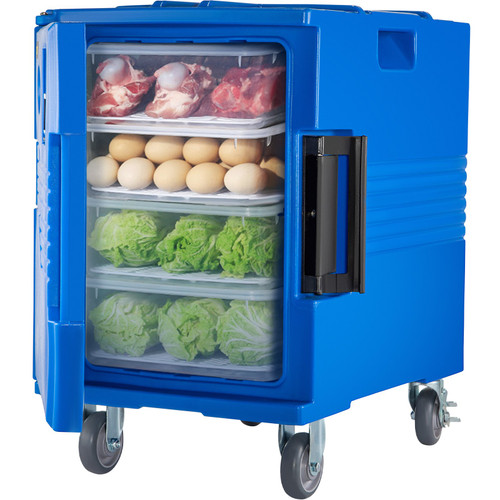 Insulated Food Pan Carrier, 82 Qt Hot Box for Catering, LLDPE Food Box Carrier w/One-Piece Buckle, Front Loading Food Warmer w/Handles, End Loader w/Wheels for Restaurant, Canteen, etc. Blue