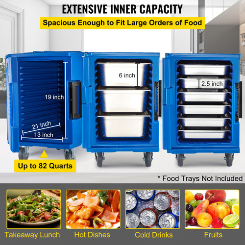 Insulated Food Pan Carrier, 82 Qt Hot Box for Catering, LLDPE Food Box Carrier w/One-Piece Buckle, Front Loading Food Warmer w/Handles, End Loader w/Wheels for Restaurant, Canteen, etc. Blue