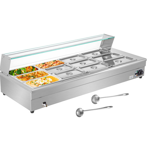110V Bain Marie Food Warmer 12 Pan x 1/3 GN, Food Grade Stainelss Steel Commercial Food Steam Table 6-Inch Deep, 1500W Electric Countertop Food Warmer 84 Quart with Tempered Glass Shield