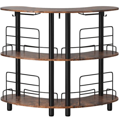 Home Bar Unit, 3 Tier for Liquor with Upgrade Guardrails, Corner Stand Table with Storage Shelves Wine Glasses Holder & Iron Lantern Ring for Kitchen, Pub (Rustic Brown)