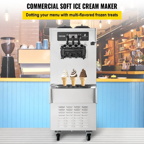 Commercial Ice Cream Maker, 20-28L/H Yield, 2+1 Flavors Soft Serve Machine w/ Two 7L Hoppers 1.8L Cylinders Puffing Pre-Cooling Shortage Alarm, 2450W Frozen Yogurt Maker for Snack Bar Caf