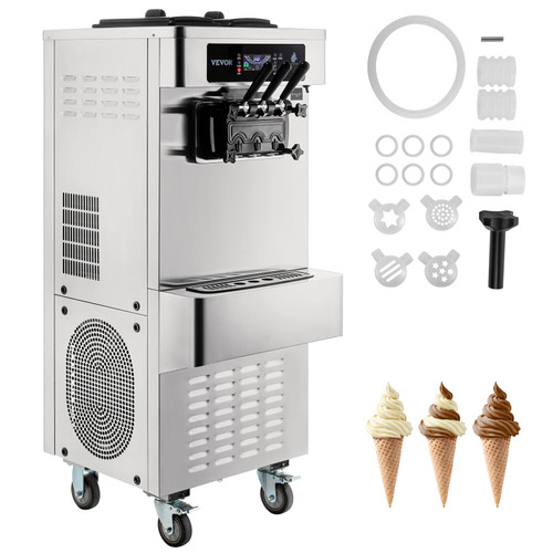 Commercial Ice Cream Maker, 20-28L/H Yield, 2+1 Flavors Soft Serve Machine w/ Two 7L Hoppers 1.8L Cylinders Puffing Pre-Cooling Shortage Alarm, 2450W Frozen Yogurt Maker for Snack Bar CafÂ‚