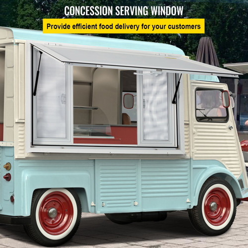 Concession Window, 53 x 33 inch, Aluminum Alloy Food Truck Service Window with 4 Horizontal Sliding Screen Windows & Awning Door & Drag Hook, Serving Window for Food Trucks Concession Trailers