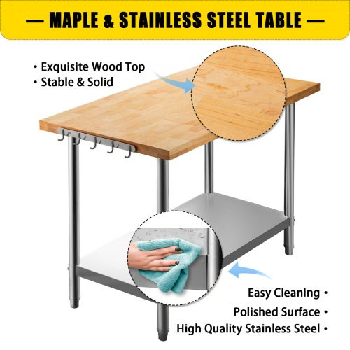 Maple Top Work Table, Stainless Steel Kitchen Prep Table Wood, 36 x 24 Inches Metal Kitchen Table with Lower Shelf and Feet Stainless Steel Table for Prep & Work Outdoor Prep Table for Kitchen