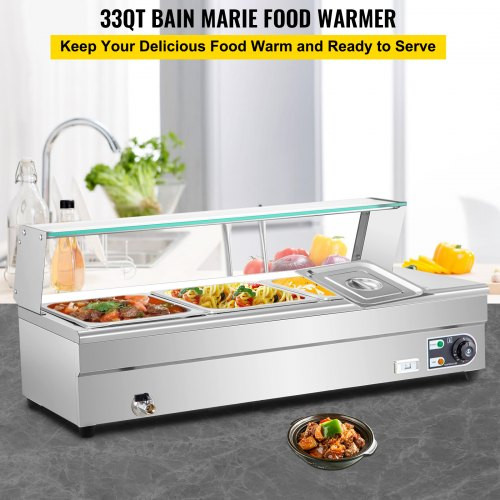 110V Bain Marie Food Warmer 3 Pan x 1/2 GN, Food Grade Stainelss Steel Commercial Food Steam Table 6-Inch Deep, 1500W Electric Countertop Food Warmer 33 Quart with Tempered Glass Shield